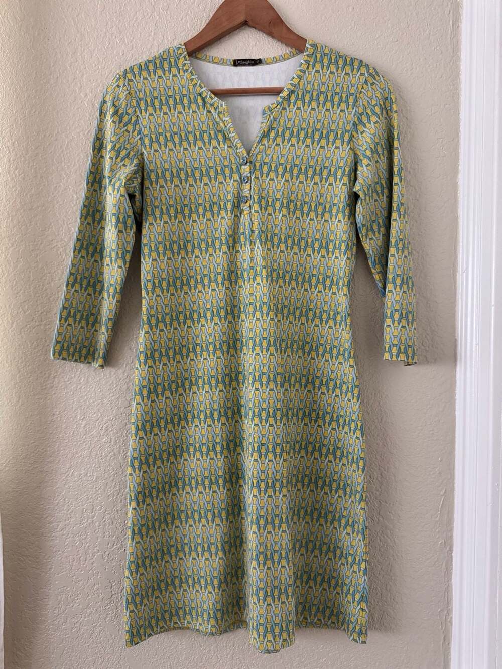 J.McLaughlin Size XS Yellow and Blue Geometric Print Henley Dress